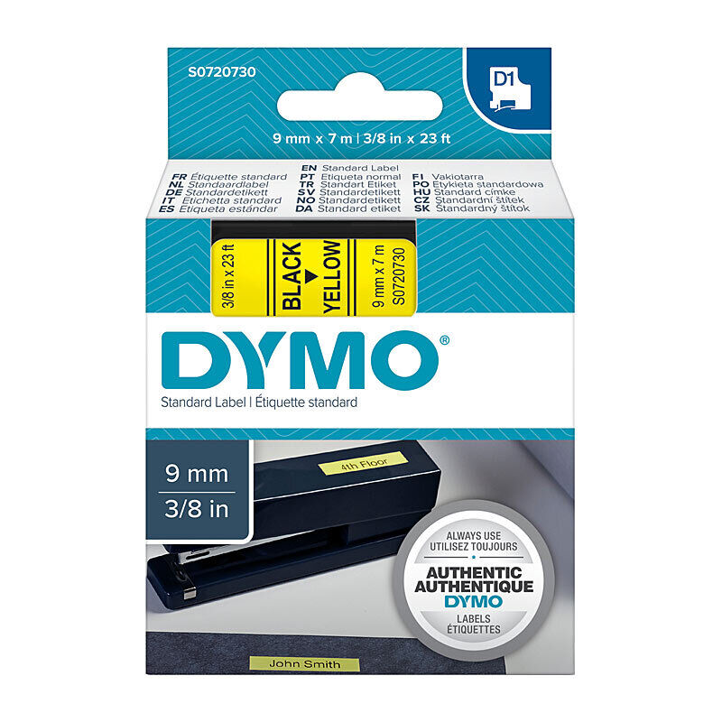 DYMO D1 S0720730 Label Tape, 9 mm × 7 m, Black on Yellow