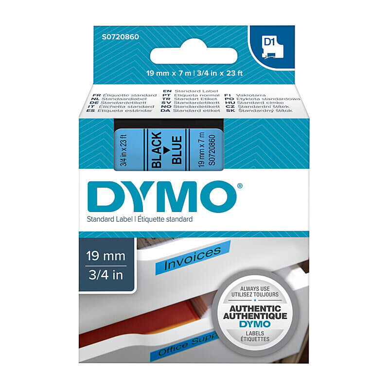 DYMO D1 S0720860 Label Tape, 19 mm × 7 m, Black on Blue