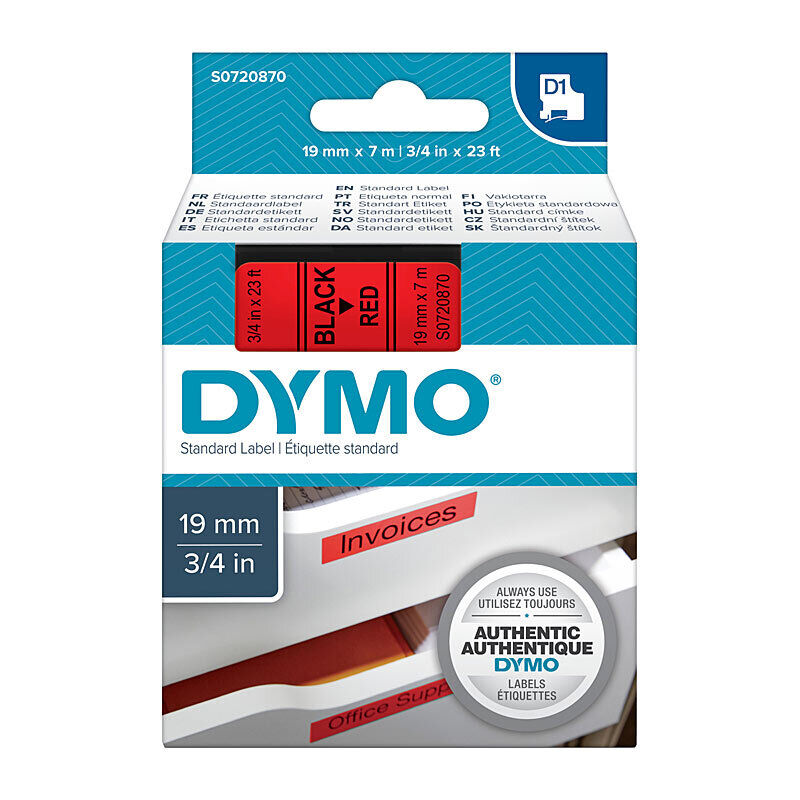 DYMO D1 S0720870 Label Tape, 19 mm × 7 m, Black on Red