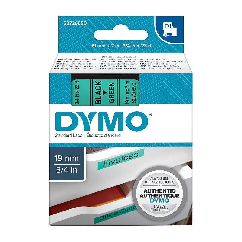DYMO D1 S0720890 Label Tape, 19 mm × 7 m, Black on Green