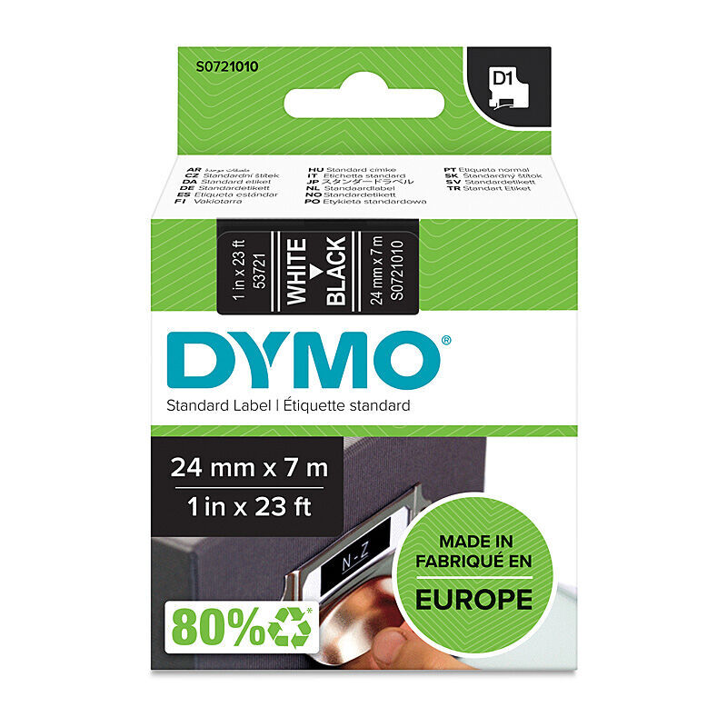 DYMO D1 S0721010 Label Tape, 24 mm × 7 m, White on Black