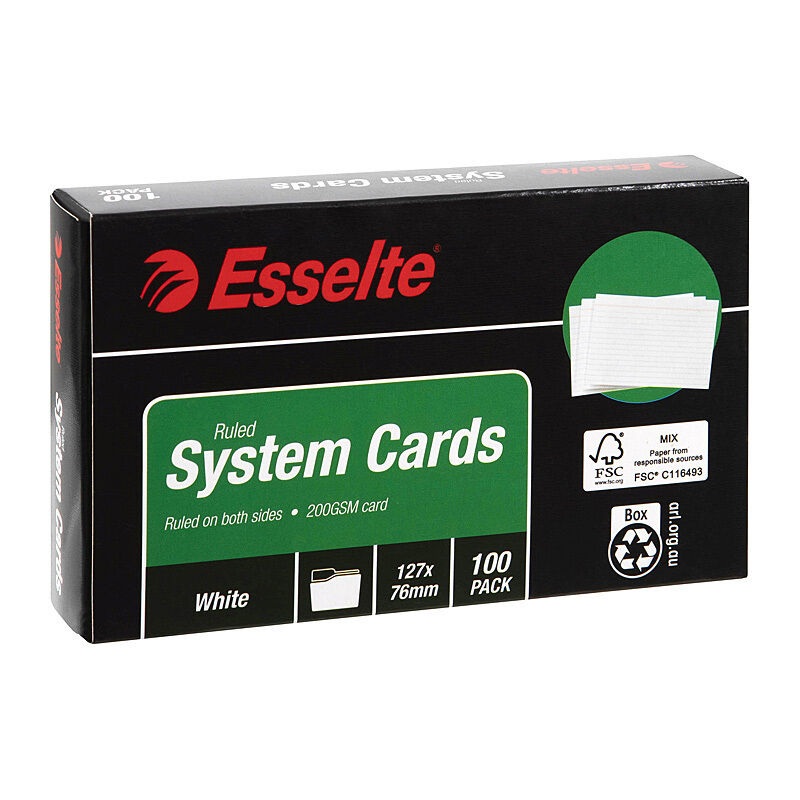 Esselte White Ruled System Cards, 127 × 76 mm, Pack of 100