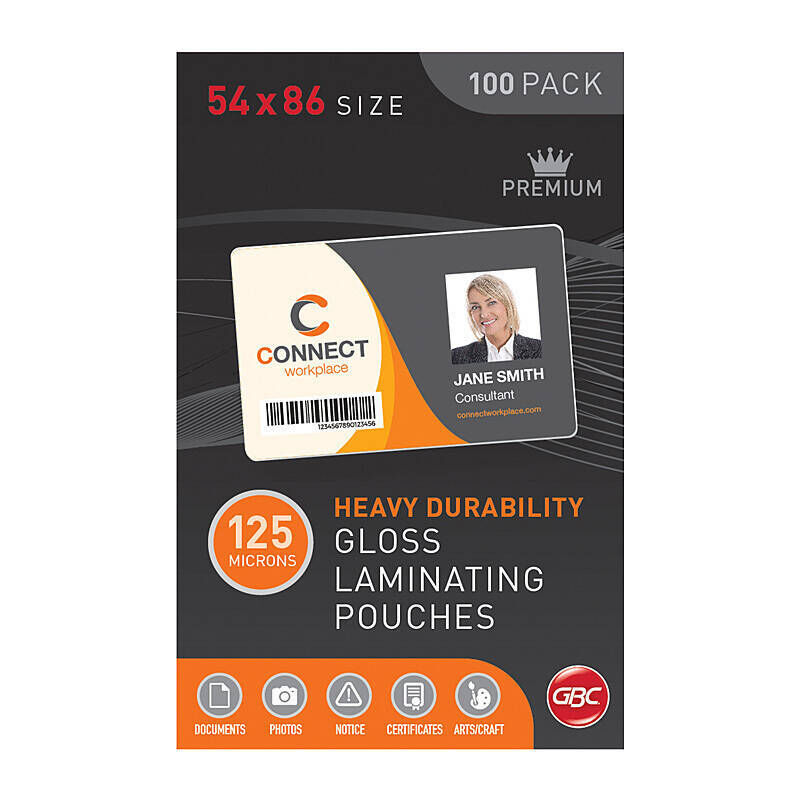GBC Gloss Laminating Pouches, 54 × 86 mm, 125 Micron, Pack of 100