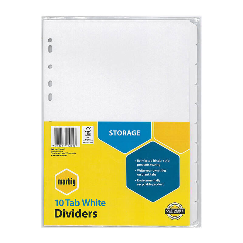 Marbig A4 Manilla Index Dividers, 10 White Tabs
