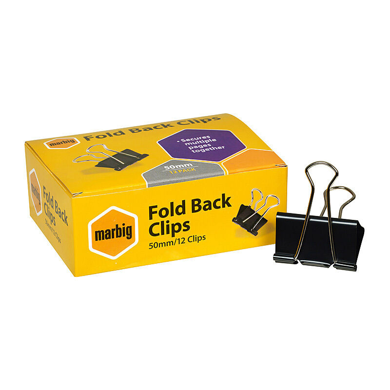 Marbig Foldback Clips, 50 mm, Box of 12