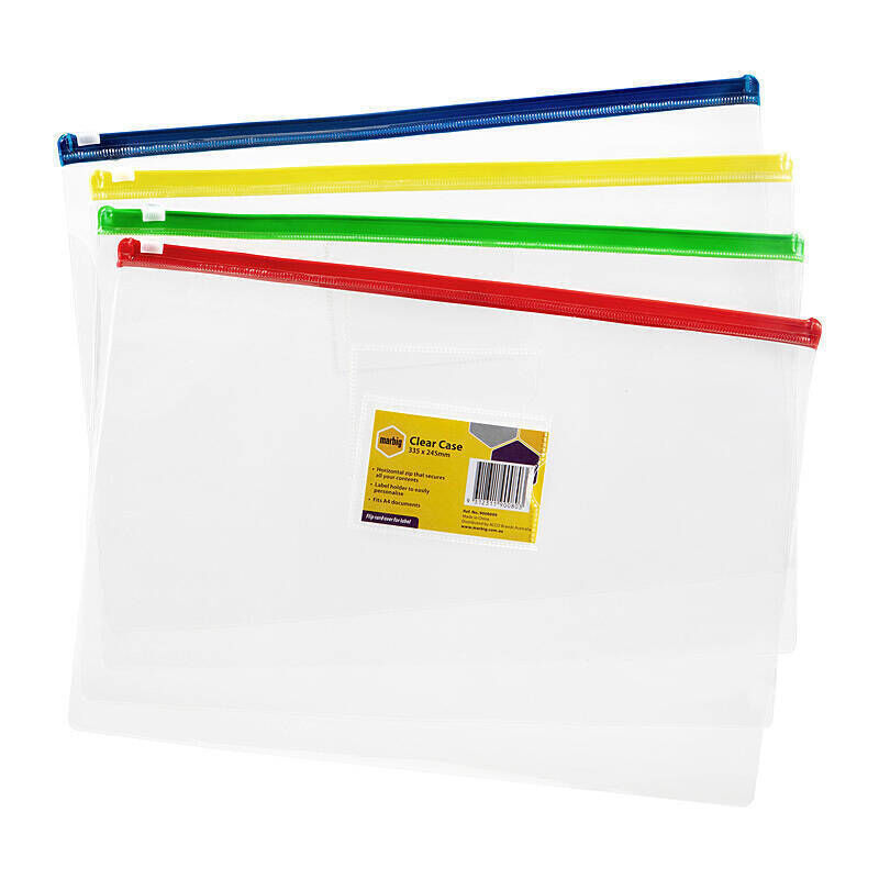 Marbig Clear Zip Case, A4, 335 × 245 mm, Assorted Colour