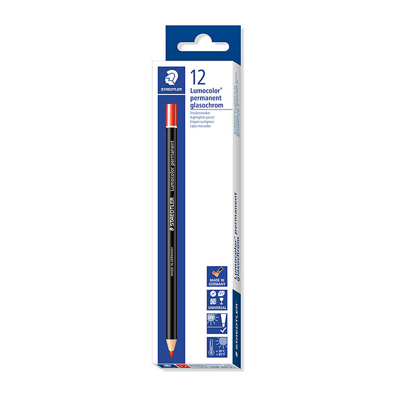 Staedtler Lumocolor Glasochrom 108 20 Permanent Marking Pencils, Red, Box of 12