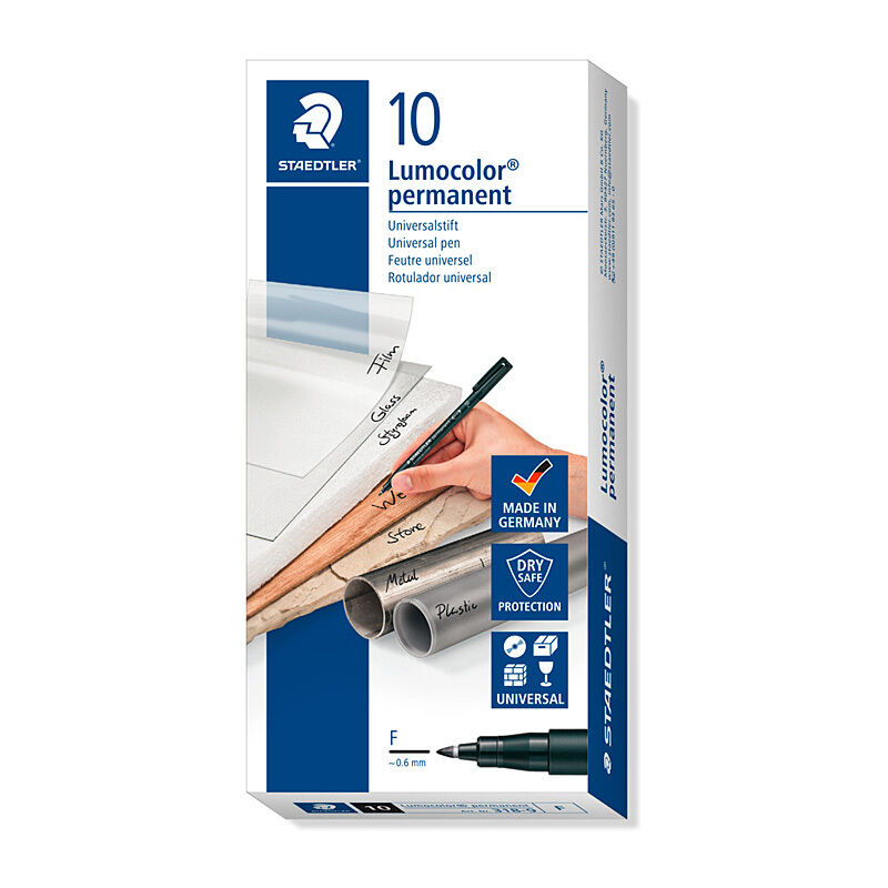Staedtler Lumocolor 318-9 Fine Permanent Pens, Black, Box of 10