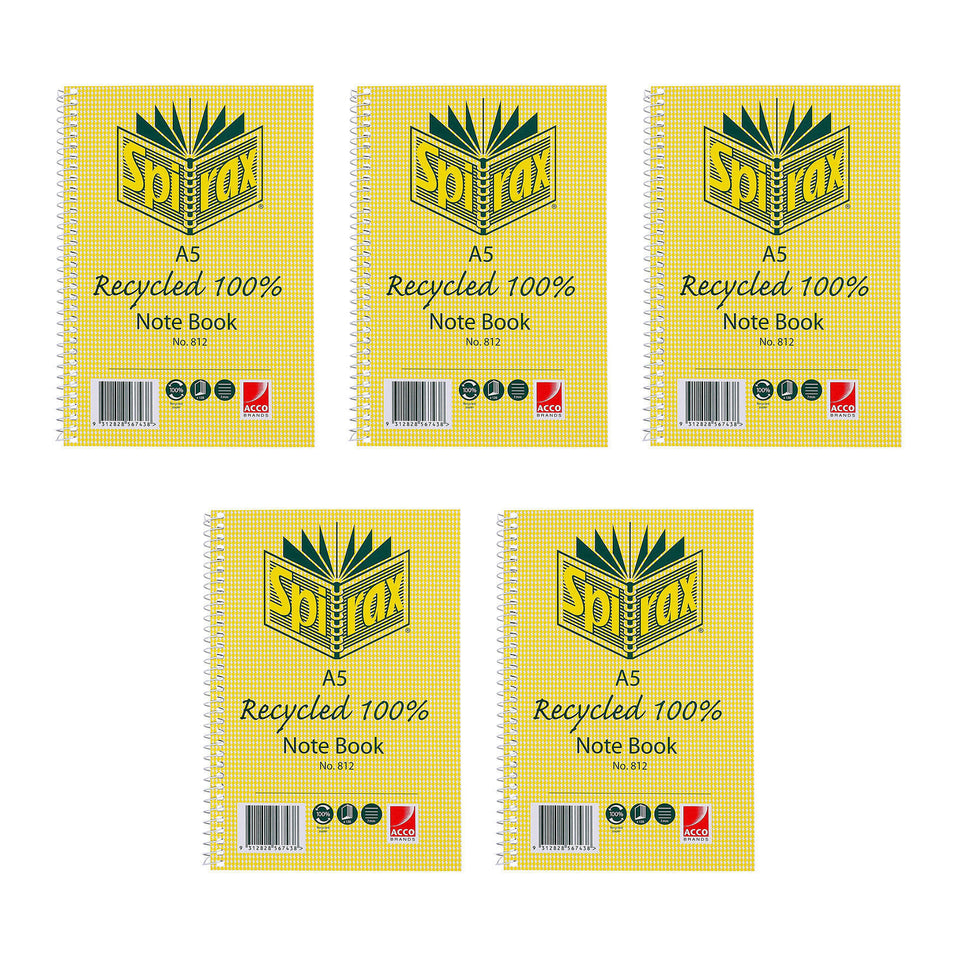 Spirax 812 A5 Recycled Notebooks, 120 Pages, Pack of 5