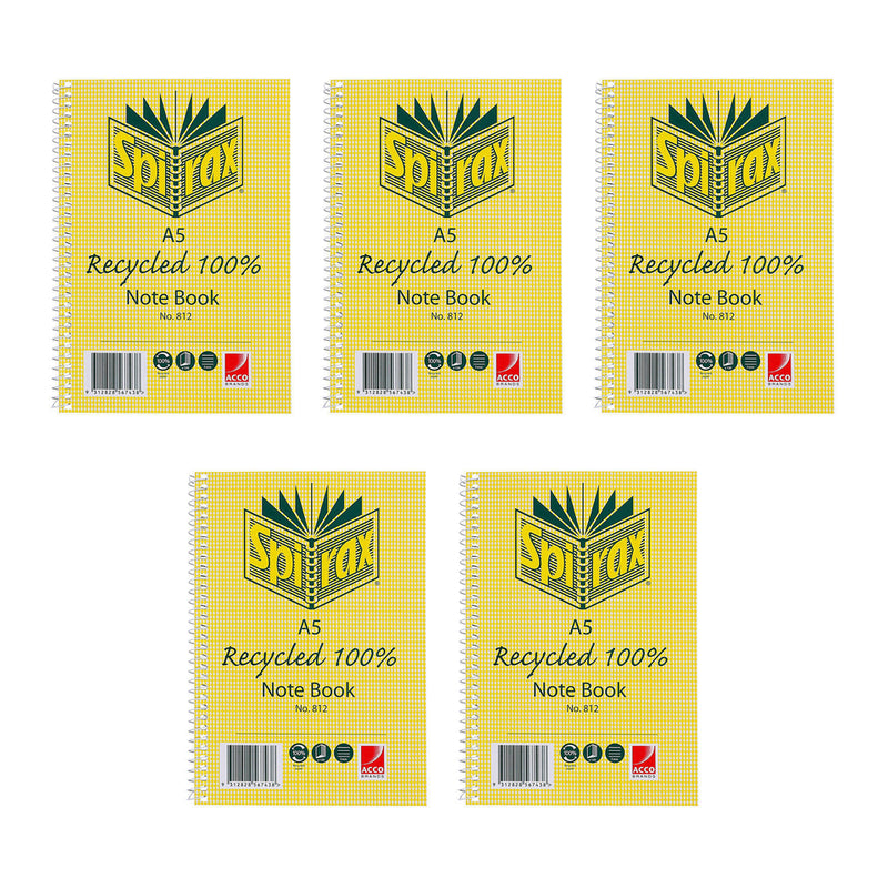 Spirax 812 A5 Recycled Notebooks, 120 Pages, Pack of 5