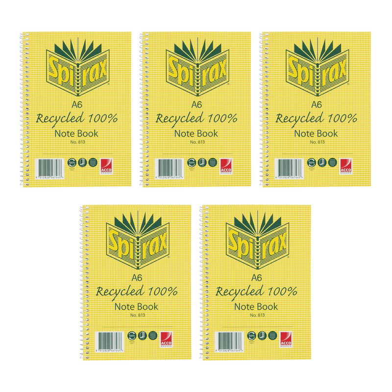 Spirax 813 A6 Recycled Notebooks, 100 Pages, Pack of 5
