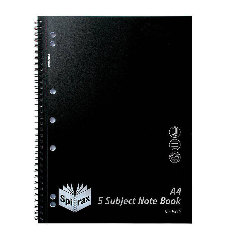 Spirax P596 A4 Five-Subject Notebooks, 250 Pages, Black, Pack of 5